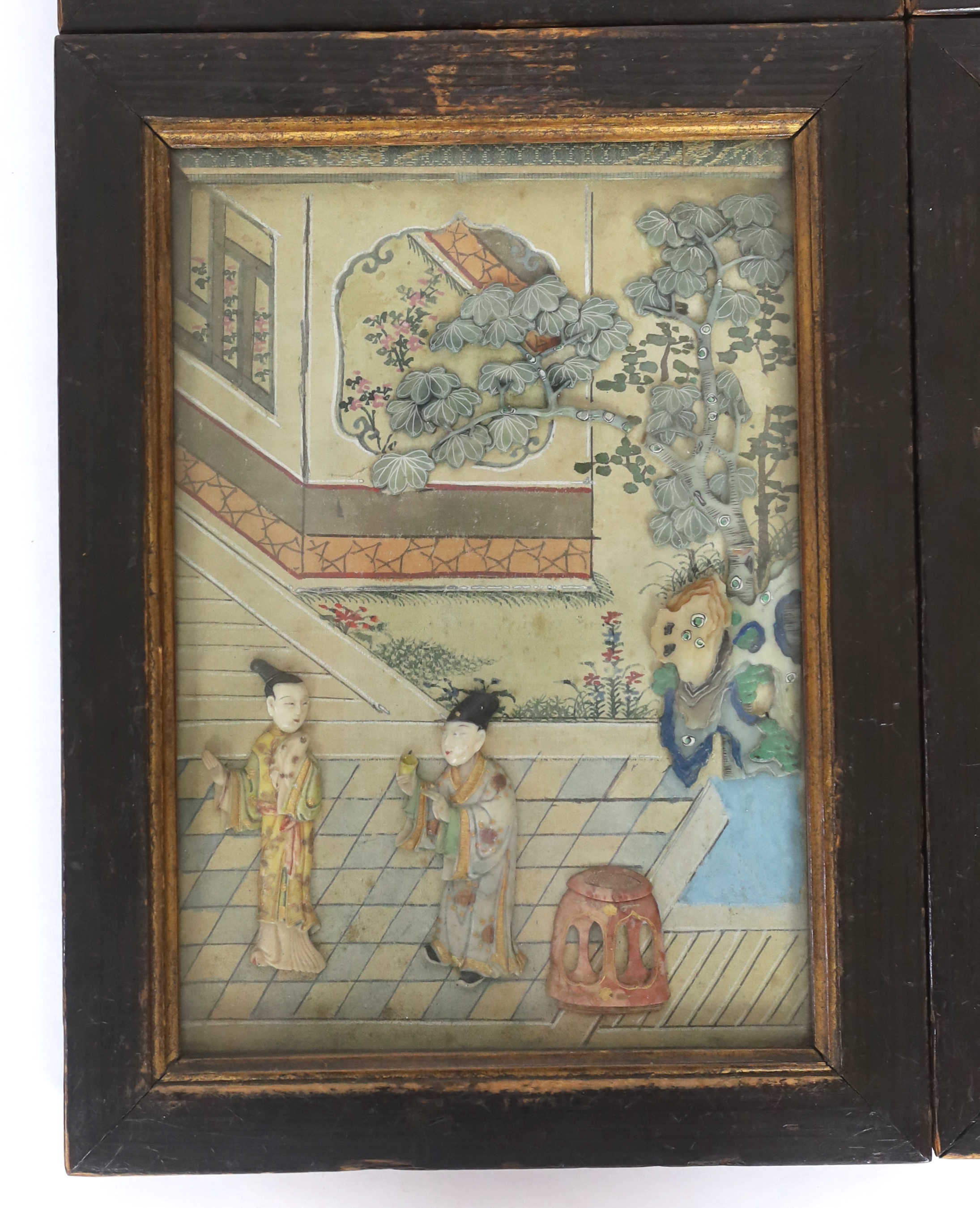 A rare set of four Chinese polychrome soapstone appliqué work painted silk pictures, 18th century